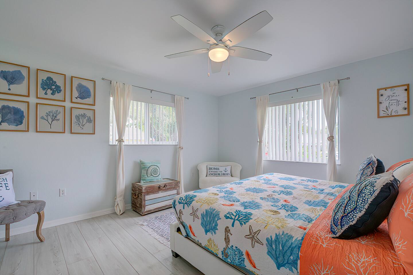 Coastal bedroom with queen bed