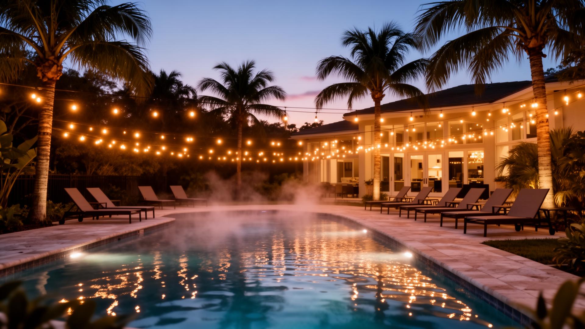 Heated saltwater pool at twilight